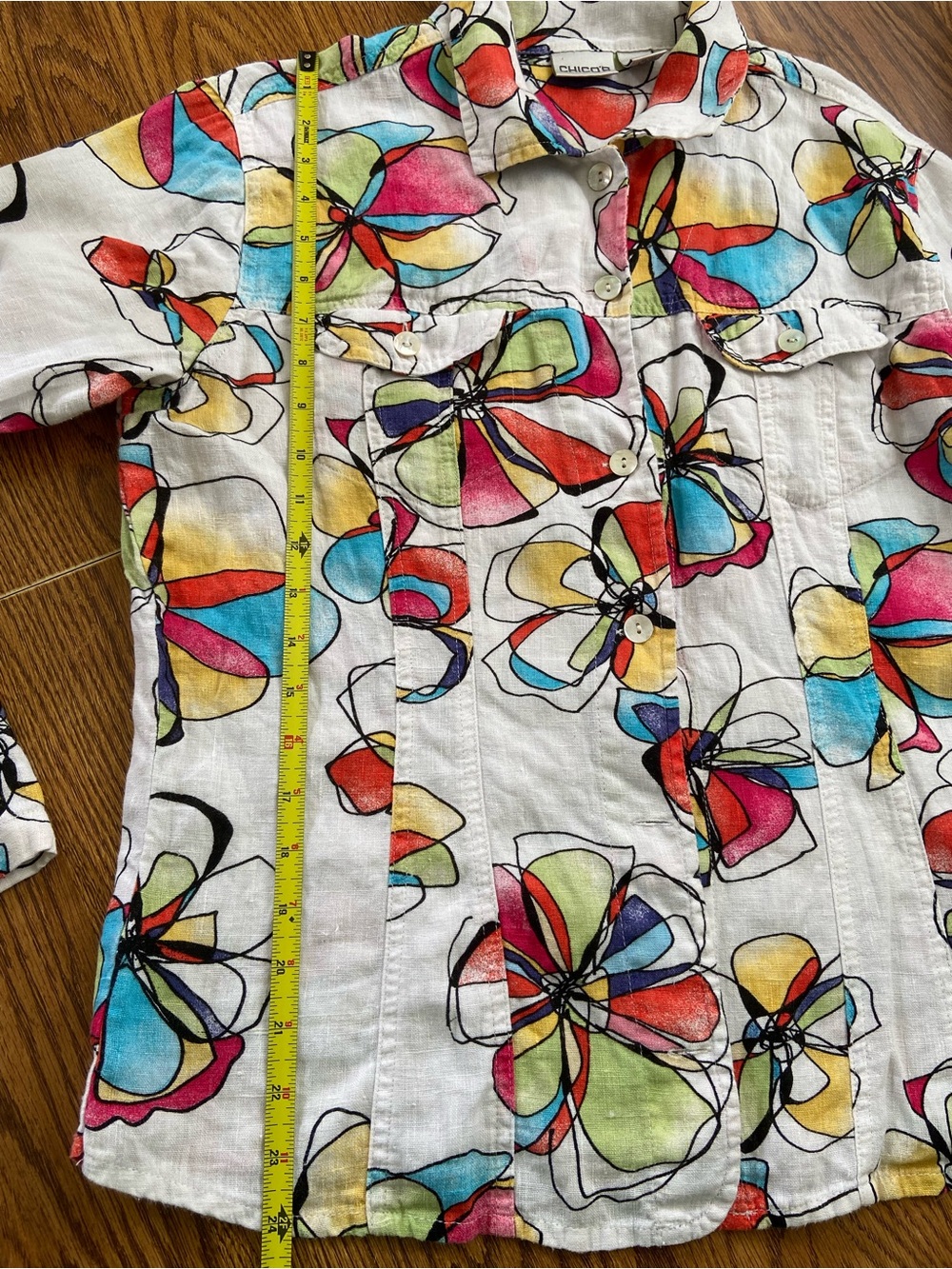 Chico's White Button-Down Blouse with Multicolor Floral Print size:2(L)100%linen - Picture 9 of 11